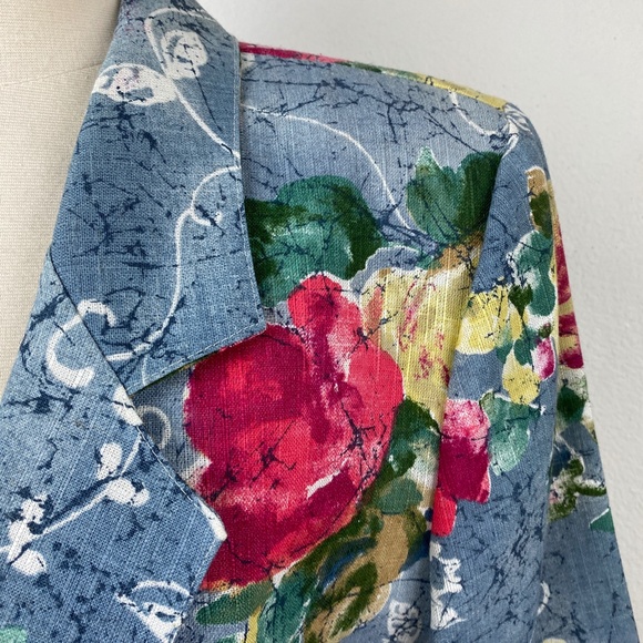 90s Y2K Danielle B Blue Woman 12 Floral Blazer Rayon Flax Cottagecore Career Art - Picture 3 of 9